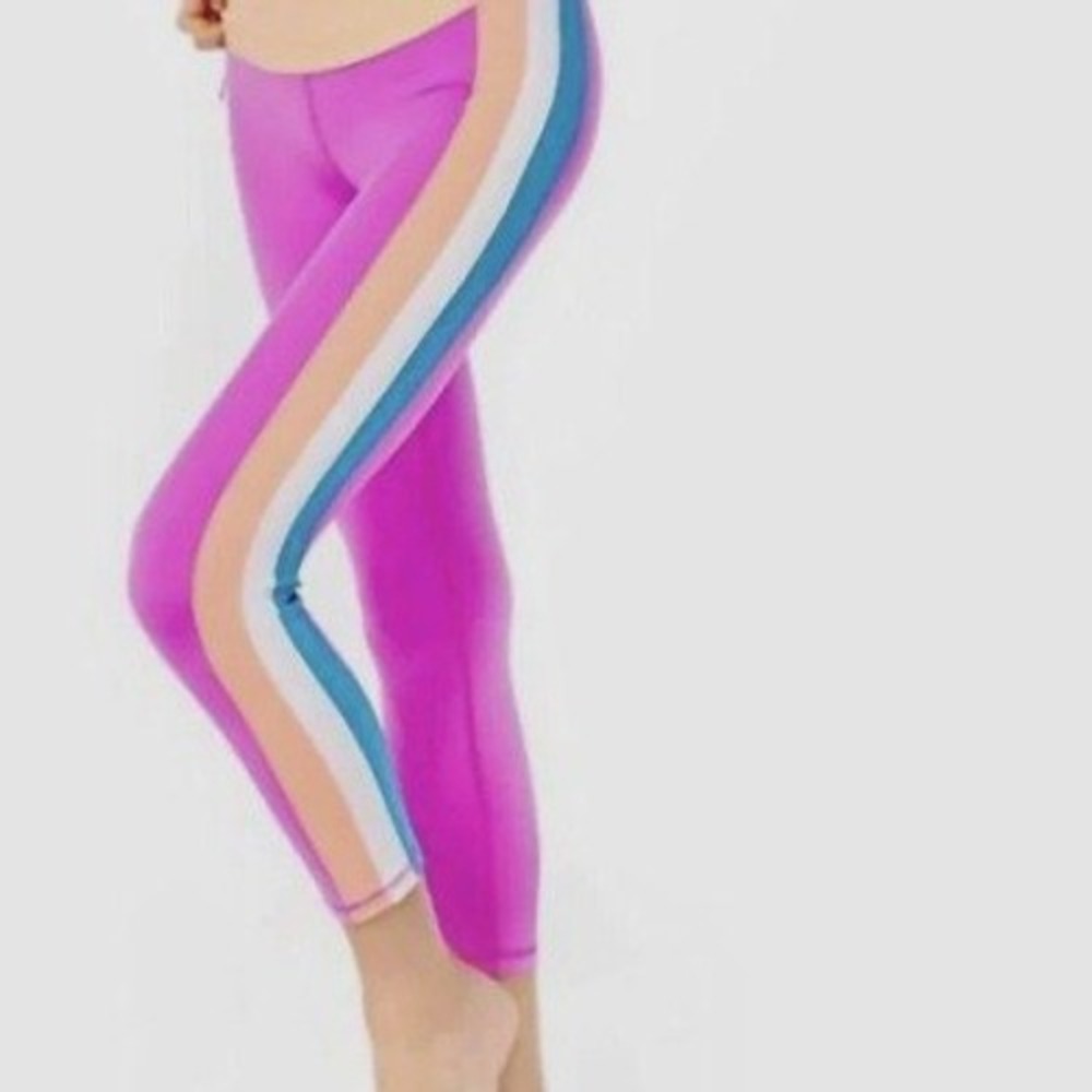 Lilly Pulitzer Luxletic Weekender High Rise Leggings Pink Stripe M Barbiecore